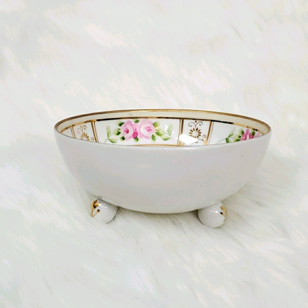 Antique Nippon Hand Painted Footed Porcelain Bowl 3 Legged Floral Vintage